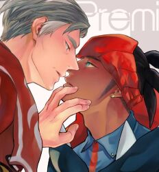 2boys adam&#039;s_apple aqua_eyes black_hair blue_shirt collared_shirt dark-skinned_male dark_skin eye_contact fingernails grey_hair hand_on_another&#039;s_face headband hood hood_down hoodie kabu_(pokemon) looking_at_another male_focus mature_male miyare_s multiple_boys nintendo orange_headband parted_lips pokemon pokemon_swsh profile raihan_(pokemon) red_shirt shirt short_hair sideburns spiked_hair upper_body wing_collar yaoi