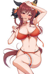 1girl absurdres animal_ears bikini breasts ear_covers gentildonna_(umamusume) heart_ear_ornament highres horse_ears horse_girl horse_tail large_breasts looking_at_viewer newon red_bikini red_eyes simple_background smile solo swimsuit tail thigh_strap thighs umamusume white_background