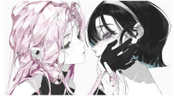 2girls absurdres alien_stage black_dress black_gloves black_hair bob_cut chenyuyu chinese_commentary closed_eyes commentary_request dress gloves hairband hand_on_another&#039;s_face highres holding_another&#039;s_hair long_hair mizi_(alien_stage) multiple_girls pink_hair purple_eyes short_hair sua_(alien_stage) white_hairband yuri