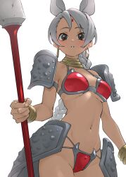 1girl animal_ears armor bangle bare_arms bikini_armor bindi black_eyes bracelet braid breasts commentary cowboy_shot dark-skinned_female dark_skin earrings extra_ears facial_mark faulds forehead_mark grey_hair highres holding holding_polearm holding_weapon hoop_earrings indian_rhinoceros_(kemono_friends) jewelry kemono_friends lance large_breasts long_braid long_hair looking_at_viewer navel neck_ring parted_lips pauldrons polearm revealing_clothes rhinoceros_ears rhinoceros_girl shoulder_armor simple_background solo stomach tanabe_(fueisei) very_long_hair weapon white_background