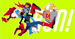 1other 2boys 2girls alphys black_tank_top blue_pants blue_skin boots brown_hair cape carrying carrying_person clenched_teeth clothes_grab colored_skin eyepatch fins frisk_(undertale) full_body glasses gloves green_background head_fins highres hood_grab kanianoreki knee_boots mettaton multiple_boys multiple_girls one_eye_covered pants papyrus_(undertale) red_boots red_cape red_gloves red_hair round_eyewear running sans_(undertale) short_hair sitting sitting_on_person sitting_on_shoulder tank_top teeth undertale undyne webbed_hands yellow_skin