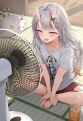 1girl barefoot closed_eyes commentary_request cup drink drinking_glass electric_fan fan_speaking fang fanning_face fanning_self gradient_hair grey_hair highres holding_own_foot hololive horns hot indoors iruka3 long_hair multicolored_hair nakiri_ayame nakiri_ayame_(off-work) official_alternate_costume oni open_mouth pants poyoyo_(nakiri_ayame) red_hair red_pants shirt sitting skin-covered_horns smile solo streaked_hair sweat tatami textless_version virtual_youtuber white_shirt