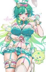 Rule 34 | 1girl, absurdres, ahoge, animal ear fluff, animal ears, arm strap, asymmetrical legwear, bare shoulders, blush, bow, bowtie, bra, breasts, collar, commentary, commission, crown, english commentary, fake animal ears, frilled bra, frilled straps, frills, garter straps, gradient hair, green bow, green bowtie, green bra, green hair, green nails, green panties, green skirt, hair bow, hair ornament, hand on own stomach, hand up, highres, large breasts, long hair, looking at viewer, mell (dmwe3537), microskirt, midriff, mini crown, mismatched legwear, multicolored hair, navel, open mouth, original, panties, pink bow, pink eyes, rabbit ears, raised inner eyebrows, side-tie panties, signature, simple background, single thighhigh, skindentation, skirt, smile, solo, star (symbol), star hair ornament, star ornament, sweatdrop, thighhighs, underwear, very long hair, white background, white thighhighs
