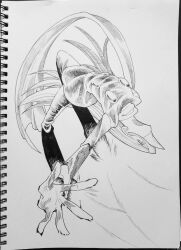 1boy belt big_nose black_boots boots buttons coat cyborg cyborg_009 dynamic_pose flying full_body grey_coat grey_pants hair_over_one_eye jet_link long_hair military_uniform pants scarf soldier straight_hair webisu_(ebis1006) white_belt white_scarf