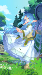 1girl :d blue_eyes blue_hair blush brown_shoes brown_vest cloud commentary_request commission day dress full_body grass highres juliet_sleeves long_hair long_sleeves looking_at_viewer okuribi open_mouth outdoors parted_bangs pointy_ears puffy_sleeves rance_(series) reset_kalar shoes skeb_commission smile socks solo standing tree vest white_dress white_socks wide_sleeves