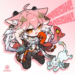 1girl ahoge animal_ear_fluff animal_ears animalization artist_logo black_jacket black_thighhighs braid breasts bright_pupils cat_ears cat_girl changli_(wuthering_waves) claw_pose claws cleavage colored_extremities commentary_request dog-san dress feather_hair hair_extensions hair_ornament hands_up highres jacket jinhsi_(wuthering_waves) kemonomimi_mode large_breasts logo long_hair looking_at_viewer multicolored_hair open_mouth orange_eyes pink_hair red_hands ring_hair_extensions smile solo tacet_mark_(wuthering_waves) thigh_strap thighhighs two-tone_hair very_long_hair white_dress white_hair white_pupils wuthering_waves