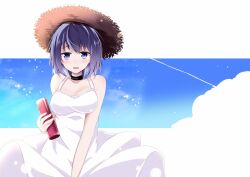 Rule 34 | 1girl, black choker, blue eyes, breasts, choker, cleavage, commentary request, dress, hair ornament, hat, holding, kiki (koikuchikinako), long dress, medium breasts, medium hair, original, purple hair, solo, sun hat, upper body, white dress
