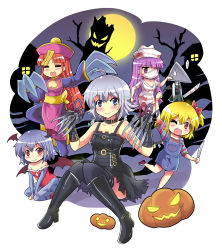 ... 6+girls ;d animal_print arm_warmers bandaged_head bandages bare_shoulders bat_print bat_wings black_dress black_footwear blonde_hair blood_on_clothes blunt_bangs boots breasts child&#039;s_play china_dress chinese_clothes choker chucky chucky_(cosplay) claws cleavage_cutout closed_eyes clothing_cutout colonel_aki commentary_request cosplay darkstalkers dress edward_scissorhands edward_scissorhands_(character) edward_scissorhands_(cosplay) facing_viewer flandre_scarlet full_moon grey_hair halloween halloween_costume hat highres hip_focus holding holding_sword holding_weapon hong_meiling hsien-ko_(cosplay) izayoi_sakuya jack-o&#039;-lantern jiangshi knee_boots knee_up knees_together_feet_apart knife koakuma hsien-ko leotard lilith_(darkstalkers) lilith_(darkstalkers)_(cosplay) long_hair long_sleeves looking_at_viewer medium_breasts moon morrigan_aensland morrigan_aensland_(cosplay) multiple_girls night nurse_(silent_hill) nurse_(silent_hill)_(cosplay) nurse_cap ofuda on_ground one_eye_closed one_eye_covered open_mouth outdoors overall_skirt pantyhose patchouli_knowledge print_pantyhose purple_hair pyramid_head pyramid_head_(cosplay) qingdai_guanmao red_hair remilia_scarlet scissors short_hair silent_hill silent_hill_(series) sitting sleeveless sleeveless_dress small_breasts smile spoken_ellipsis strapless strapless_leotard sweatdrop sword thighhighs touhou translation_request tree weapon wings