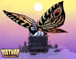 blue_eyes bug character_name giant godzilla_(series) idw_publishing insect insect_wings kaiju monster moth moth_wings mothra mothra:_queen_of_the_monsters mothra_gemini no_humans official_art open_mouth sophie_campbell sun wings