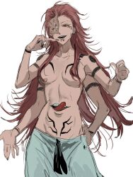 Rule 34 | 1girl, arm tattoo, breast tattoo, breasts, extra arms, extra eyes, extra mouth, facial tattoo, fallsoki, genderswap, genderswap (mtf), hand on own face, hand on own hip, jujutsu kaisen, pants, red hair, ryoumen sukuna (jujutsu kaisen), ryoumen sukuna (true form) (jujutsu kaisen), stomach tattoo, tattoo, topless female, white pants