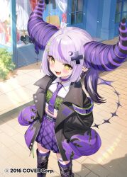 +_+ 1girl :d ahoge armband ayame_(3103942) belt black_belt black_boots black_horns black_jacket boots choker clothes_writing collared_shirt commentary_request copyright_notice crescent crescent_hair_ornament crop_top cropped_shirt cross_hair_ornament day demon_horns ear_piercing earrings fangs flame_print grey_hair hair_ornament hands_on_own_hips hololive horns jacket jewelry la+_darknesss la+_darknesss_(casual) lace-up_boots lapels long_hair midriff miniskirt multicolored_hair necktie notched_lapels official_alternate_costume official_alternate_hair_length official_alternate_hairstyle official_art open_mouth outdoors piercing plaid_clothes plaid_skirt pleated_skirt pointy_ears print_jacket purple_choker purple_hair purple_necktie purple_skirt road shirt short_hair skirt smile solo standing streaked_hair street striped_horns tail thigh_boots virtual_youtuber white_shirt yellow_eyes