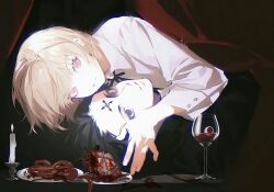 1boy 1girl black_eyes black_hair blonde_hair candle chain chrollo_lucilfer collared_shirt cup drinking_glass eyeball genderswap genderswap_(mtf) girl_on_top hand_on_another&#039;s_head heart_(organ) hetero hunter_x_hunter kurapika looking_at_viewer lying_on_person plate red_eyes shirt short_hair shouka_(ly880217) three-quarter_sleeves white_shirt wine_glass