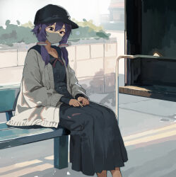 1girl baseball_cap black_hat black_shirt black_skirt collared_shirt commentary_request day dress_shirt feet_out_of_frame grey_jacket hair_between_eyes hands_on_lap hat highres jacket lamb_(hitsujiniku) long_hair long_sleeves mask mouth_mask on_bench open_clothes open_jacket outdoors plant pleated_skirt puffy_long_sleeves puffy_sleeves purple_eyes purple_hair shirt sitting skirt sleeves_past_wrists solo voiceroid yuzuki_yukari