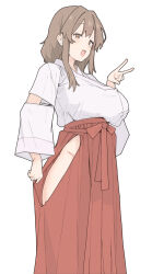 1girl absurdres breasts brown_eyes brown_hair commentary fang hakama hakama_skirt highres hip_vent japanese_clothes kotobuki_mayuki large_breasts mature_female miko no_panties open_mouth red_hakama s10021 seitokai_ni_mo_ana_wa_aru! simple_background skirt smile solo v white_background