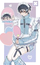 1boy absurdres apron border closed_eyes dress dual_persona frilled_dress frills grin hair_ornament heart highres holding holding_mirror index_finger_raised leg_belt limbus_company maid_apron maid_headdress male_focus mirror open_mouth pastel_colors project_moon sang_yi_(project_moon) smile snn_shq solo sparkle speech_bubble star_(symbol) sweatdrop thighhighs turtleneck white_border wing_hair_ornament x x_hair_ornament yi_sang_(project_moon) zipper