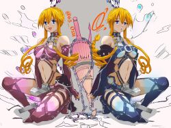 2girls 65_ozu :o blue_eyes braid breasts bridal_gauntlets chain cuffs date_a_live drill_hair garter_straps highres keyhole long_hair medium_breasts multiple_girls navel open_mouth orange_hair revealing_clothes shackles siblings sidelocks sisters smile squatting twins twitter_username weapon yamai_kaguya yamai_yuzuru
