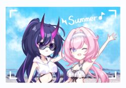 2girls ;) arm_up armpits blue_sky border breasts cleavage cropped_shirt dress elysia_(honkai_impact) elysia_(miss_pink_elf)_(honkai_impact) elysia_(summer_miss_elf)_(honkai_impact) honkai_(series) honkai_impact_3rd hooded_shirt horns jewelry large_breasts long_hair midriff multiple_girls musical_note navel necklace ocean official_alternate_costume one_eye_closed purple_eyes purple_hair purple_horns raiden_mei raiden_mei_(herrscher_of_thunder) shell shell_necklace shiyuki_(yuki_09_22) sky smile sunglasses very_long_hair viewfinder white_border white_dress