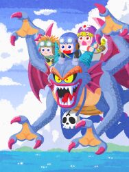 1girl 3boys :d aqua_horns aviator_cap bag bat_wings black_bodysuit blonde_hair blue_eyes blue_hat blue_scales blue_sky blue_tunic blush_stickers bodysuit cloud colored_sclera commentary_request cousins curly_hair day dragon dragon_quest dragon_quest_ii extra_arms fins gloves goggles goggles_on_headwear green_tabard grey_gloves hat head_fins highres horns jewelry long_hair monster multiple_boys necklace open_mouth orange_hair outdoors pellrunks pink_wings prince_of_lorasia prince_of_samantoria princess_of_moonbrook red_eyes riding robe roto&#039;s_emblem sharp_teeth shoulder_bag sidoh skull_necklace sky smile spiked_hair tabard teeth tunic water white_robe wings yellow_gloves yellow_sclera