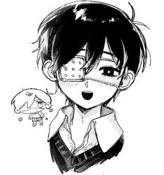 1boy :d antenna_hair blush bright_pupils chibi chibi_inset collared_shirt commentary_request cropped_head double-parted_bangs eyepatch greyscale hair_behind_ear hair_between_eyes halftone high_contrast looking_at_viewer male_focus medical_eyepatch monochrome omori open_mouth rou_(h_s_sinrin) shirt short_hair simple_background smile solo spoilers straight-on sunny_(omori) sweater teeth upper_teeth_only very_short_hair white_background wing_collar