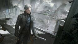 1boy belt blue_coat blue_eyes closed_mouth coat devil_may_cry_(series) devil_may_cry_5 fingerless_gloves gloves hair_slicked_back highres holding holding_sword holding_weapon katana male_focus official_art pants punishing:_gray_raven short_hair solo sword vergil_(devil_may_cry) weapon white_hair yamato_(sword)