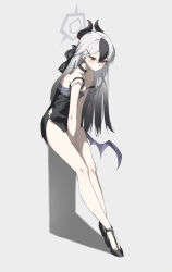Rule 34 | 1girl, absurdres, black choker, black dress, black hair, black horns, blue archive, choker, dress, ear piercing, gradient hair, grey background, grey hair, grey halo, halo, highres, horns, kayoko (blue archive), kayoko (dress) (blue archive), multicolored hair, piercing, purple wings, red eyes, short dress, simple background, single wing, solo, standing, vennie, wings