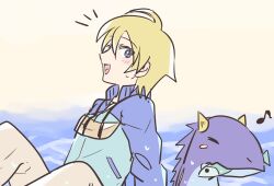 Rule 34 | ace (dinosaur king), blonde hair, blue eyes, closed eyes, dinosaur king, fish, highres, horns, rex owen, smile