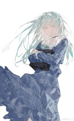 1girl absurdres bang_dream! bang_dream!_it&#039;s_mygo!!!!! black_choker blue_dress chinese_commentary choker commentary_request dkl_(dinosaurkl2) dress frilled_choker frills green_hair green_ribbon hair_ornament hairclip highres long_hair long_sleeves looking_at_viewer neck_ribbon open_mouth plaid_clothes plaid_dress ribbon sidelocks simple_background solo wakaba_mutsumi white_background