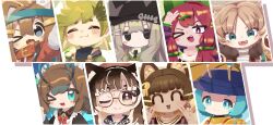 &gt;_o 6+girls :3 ;d ^_^ absurdres animal_ear_fluff animal_ears antennae apron aqua_eyes aqua_hair arthropod_girl black_eyes black_hair blonde_hair blue_eyes blue_hair blush bright_pupils brown_eyes brown_hair cat_ears cat_girl chibi clonka_(vrchat) closed_eyes closed_mouth collar double_v eating fang fangs glasses grey_hair hair_ornament hairclip hat headband highres horns isanai_nuku_(vrchat) jacket kipfel_(vrchat) long_hair looking_at_viewer maid maid_headdress mamehinata multicolored_hair multiple_girls norafirika_(vrchat) one_eye_closed open_mouth portrait purple_eyes red_hair round_eyewear sharp_teeth short_hair smile streaked_hair teeth trim5654 twintails unini_(vrchat) v v_over_eye vrchat w white_background white_hair white_pupils