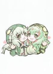 2girls blush boomslang_(kemono_friends) bow bowtie drawstring emerald_tree_boa_(kemono_friends) green_bow green_bowtie green_eyes green_hair green_hoodie hair_between_eyes heart highres hood hood_up hoodie kemo24vv kemono_friends looking_at_viewer multiple_girls open_mouth short_hair sidelocks smile snake_girl snake_print waving