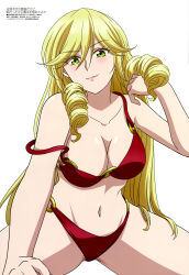 Rule 34 | 1girl, absurdres, artist name, bare arms, bare shoulders, bikini, botsuraku yotei no kizoku dakedo hima datta kara mahou o kiwamete mita, breasts, cleavage, collarbone, copyright name, copyright notice, green eyes, hair between eyes, highres, holding, holding own hair, large breasts, light blush, long hair, looking at viewer, magazine scan, megami magazine, navel, o-ring, o-ring bikini, o-ring bottom, o-ring top, official art, ootsuka midori, red bikini, ringlets, scan, scarlet sherry jamille, simple background, solo, spread legs, strap slip, swimsuit, thighs, very long hair, white background