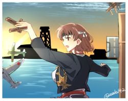 10s 1girl aircraft airplane asakawa_(outeq) bad_anatomy blouse blush breasts brown_eyes brown_hair chiyoda_(kancolle) cloud female_focus from_side harbor headband japanese_clothes kantai_collection large_breasts long_sleeves ocean open_mouth outdoors profile remodel_(kantai_collection) shirt short_hair silhouette sky solo sunset toy_airplane twitter_username water white_shirt