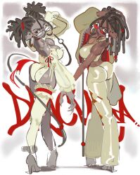 1girl ass black_hair breasts dark-skinned_female dark_skin dreadlocks highres leotard linesharkart long_hair original pants shirt short_twintails smile standing twintails very_dark_skin