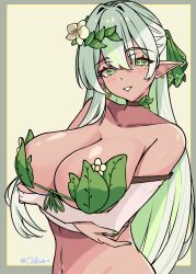 1girl absurdres areola_slip arms_under_breasts bare_shoulders black_choker border bow breasts bridal_gauntlets choker collarbone commentary coubalty crossed_arms ear_piercing earrings elf english_commentary fingernails flower green_bow green_eyes green_hair green_nails grey_border hair_between_eyes hair_bow hair_flower hair_ornament head_wreath highres hoop_earrings jewelry large_breasts leaf_bra linea_alba long_fingernails long_hair looking_at_viewer mole mole_under_eye multicolored_hair nail_polish navel orchid_(coubalty) original parted_lips piercing pointy_ears signature single_earring smile solo stomach streaked_hair tan very_long_hair white_bridal_gauntlets yellow_background
