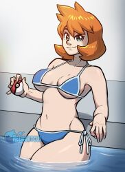 1girl bikini blue_bikini blue_eyes blush breasts cleavage closed_mouth female_focus green_eyes gym_leader highres holding holding_poke_ball large_breasts looking_at_viewer medium_breasts medium_hair misty_(pokemon) navel nintendo orange_hair partially_submerged peenortacus poke_ball poke_ball_(basic) pokemon pokemon_gsc pokemon_hgss short_hair side-tie_bikini_bottom side-tie_clothing side-tie_swimsuit smile solo standing swimsuit thick_thighs thighs underboob water wide_hips