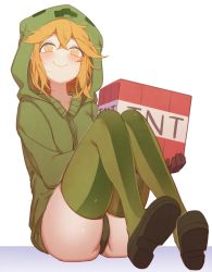 1girl at2. black_gloves blush boots closed_mouth commentary creeper explosive gloves green_boots highres holding hood hood_up hoodie long_sleeves minecraft mob_talker orange_eyes orange_hair personification sitting smile solo symbol-only_commentary thigh_boots thighhighs tnt tnt_block_(minecraft) white_background