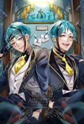 2boys aqua_hair brothers floyd_leech formal_clothes highres jade_leech joe_999 looking_at_viewer male_focus multiple_boys necktie round_eyewear sharp_teeth shirt short_hair siblings simple_background suit teeth twins twisted_wonderland yellow_eyes yellow_necktie