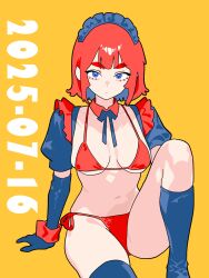 1girl arm_support bikini blue_eyes blue_gloves blue_sleeves blue_socks blue_thighhighs blunt_bangs breasts center-flap_bangs closed_mouth colored_inner_hair cowboy_shot dated detached_collar dot_mouth dot_nose double-parted_bangs elbow_gloves flat_color foot_out_of_frame frills gloves highres invisible_chair knee_up kneehighs looking_at_viewer maid maid_headdress medium_breasts minminmince multicolored_hair navel neck_ribbon original puffy_short_sleeves puffy_sleeves red_bikini red_hair red_wrist_cuffs ribbon short_hair short_sleeves side-tie_bikini_bottom simple_background sitting skindentation socks solo swimsuit thick_eyebrows thighhighs unconventional_maid wrist_cuffs yellow_background