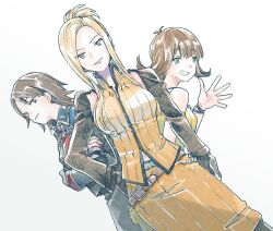 3girls belt blonde_hair blue_eyes breasts brown_hair character_request closed_mouth detached_sleeves final_fantasy final_fantasy_viii green_eyes jacket long_hair looking_at_viewer michibata_65 multiple_girls navel orange_jacket orange_skirt quistis_trepe selphie_tilmitt simple_background skirt sleeveless sleeveless_jacket smile teeth waving white_background zipper