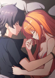 1boy 1girl black_hair breasts brown_hair cleavage highres katsuragi_(katukone) long_hair medium_breasts nozomi_(princess_connect!) princess_connect! short_hair singlet sleeping yuuki_(princess_connect!)