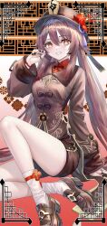 1girl black_hat black_nails black_shorts brown_hair brown_jacket brown_shoes commentary_request flower flower-shaped_pupils genshin_impact hat hat_flower highres hu_tao_(genshin_impact) jacket long_hair long_sleeves looking_at_viewer miyashirokiyu nail_polish red_eyes red_flower shoes shorts smile socks solo symbol-shaped_pupils thighs twintails white_socks