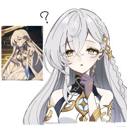 1girl ? bare_shoulders braid game_screenshot_inset genshin_impact gloves grey_gloves hananderu_0208 highres istaroth_(genshin_impact) long_hair parted_lips simple_background sketch solo upper_body white_background white_hair yellow_eyes