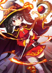 Rule 34 | 1girl, absurdres, ashley (warioware), bandaged leg, bandages, black hair, black thighhighs, choker, collarbone, cosplay, highres, holding, holding staff, kono subarashii sekai ni shukufuku wo!, long hair, long sleeves, looking at viewer, megumin, megumin (cosplay), nintendo, offbeat, parted lips, power connection, red eyes, single thighhigh, solo, staff, thighhighs, twintails, warioware