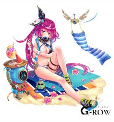 1girl albea_(swimsuit)_(ta_ga_tame_no_alchemist) albea_(ta_ga_tame_no_alchemist) beach bikini black_bikini blue_hair cup drinking_glass drinking_straw drone flower flower_ring food fruit full_body green_eyes holding holding_tray long_hair looking_at_viewer mikan_ame_(gumi) multicolored_bikini multicolored_hair navel no_socks official_alternate_costume official_art outdoors pink_flower purple_hair sandals sitting solo swimsuit ta_ga_tame_no_alchemist thighs towel tray two-tone_bikini two-tone_hair watermelon white_background white_bikini