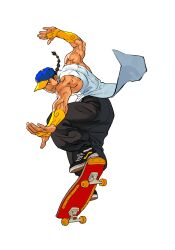 1boy baggy_pants baseball_cap braid bridal_gauntlets brothers brown_hair chinese_clothes fighting_stance game_cg hat highres male_focus muscular nishimura_kinu non-web_source official_art outstretched_arms pants shoes siblings simple_background single_braid skateboard sleeveless sneakers solo street_fighter street_fighter_iii_(series) white_background yang_lee yun_lee