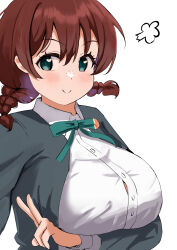 absurdres aqua_eyes arm_under_breasts blush breast_rest breasts brown_hair button_gap carried_breast_rest carrying closed_mouth collared_shirt commentary_request emma_verde freckles grey_jacket heart heart-shaped_pupils highres jacket large_breasts long_sleeves looking_at_viewer love_live! love_live!_nijigasaki_high_school_idol_club low_twintails nijigasaki_school_uniform pisagi school_uniform shirt short_twintails simple_background smile smug symbol-shaped_pupils twintails upper_body v white_background white_shirt