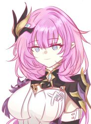 1girl blue_eyes breasts chinese_commentary cleavage commentary_request corset elf elysia_(honkai_impact) elysia_(miss_pink_elf)_(honkai_impact) hair_ornament highres honkai_(series) honkai_impact_3rd large_breasts long_hair looking_at_viewer pink_hair pink_pupils pointy_ears shanjiuye shrug_(clothing) simple_background smile solo white_background white_corset