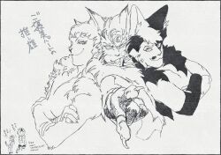 2girls 3boys alonzo_(cats) animal_ears bakushi_(smys2017) body_fur cat_boy cat_ears cat_girl cat_tail cats_(musical) claws commentary_request cropped_torso crossed_arms furry furry_female furry_male grey_background greyscale looking_at_viewer male_focus monochrome multiple_boys multiple_girls neck_fur plato_(cats) pointing pointing_at_viewer rum_tug_tugger short_hair tail translation_request upper_body