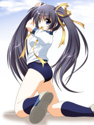 1girl absurdres adjusting_hair ass blue_eyes breasts bunching_hair buruma character_request gym_uniform highres kneeling large_breasts legs looking_at_viewer looking_back mouth_hold purple_hair shirt sideboob smile solo sports_uniform sportswear thighs twintails yellow_hair_ribbon