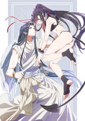 2boys alternate_costume ancient_greek_clothes angel angel_and_devil angel_wings armband ass bare_arms bare_legs bare_shoulders barefoot bikini black_bikini black_choker black_hair black_horns black_nails black_shirt black_shorts black_socks black_tail black_wings bound bound_wrists bracelet choker circlet closed_mouth crossdressing dated demon_boy demon_horns demon_tail demon_wings eye_contact feathered_wings fingernails floating floating_hair greco-roman_clothes hair_ribbon halo hand_on_another&#039;s_back highres horns jewelry kimako_(kimako_8) lan_wangji long_hair looking_at_another male_focus midriff modao_zushi multiple_boys nail_polish navel pointy_ears ponytail red_eyes red_ribbon ribbon robe sash sharp_fingernails shirt short_shorts shorts sleeveless sleeveless_robe sleeveless_shirt smile socks standing stirrup_legwear swimsuit tail toeless_legwear trap twitter_username very_long_hair watermark wei_wuxian white_robe white_wings wings yaoi yellow_eyes