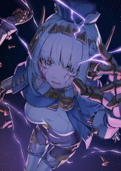 Rule 34 | 1girl, absurdres, android, aqua hair, blue cape, blue eyes, breasts, cape, cracked skin, fall4592, genshin impact, hat, highres, humanoid robot, ineffa (genshin impact), long hair, looking at viewer, mechanical arms, mechanical legs, medium breasts, open mouth, robot, robot girl, solo